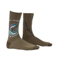 Lifestyle shot of a person's legs wearing the olive green 'Quit Wishin' & Come Fishin' socks.