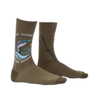 Lifestyle shot of a person's legs wearing the olive green 'Quit Wishin' & Come Fishin' socks.
