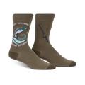 Olive green crew socks with a whimsical design of a jumping trout, fishing rod, and the phrase 'Quit Wishin' & Come Fishin'.