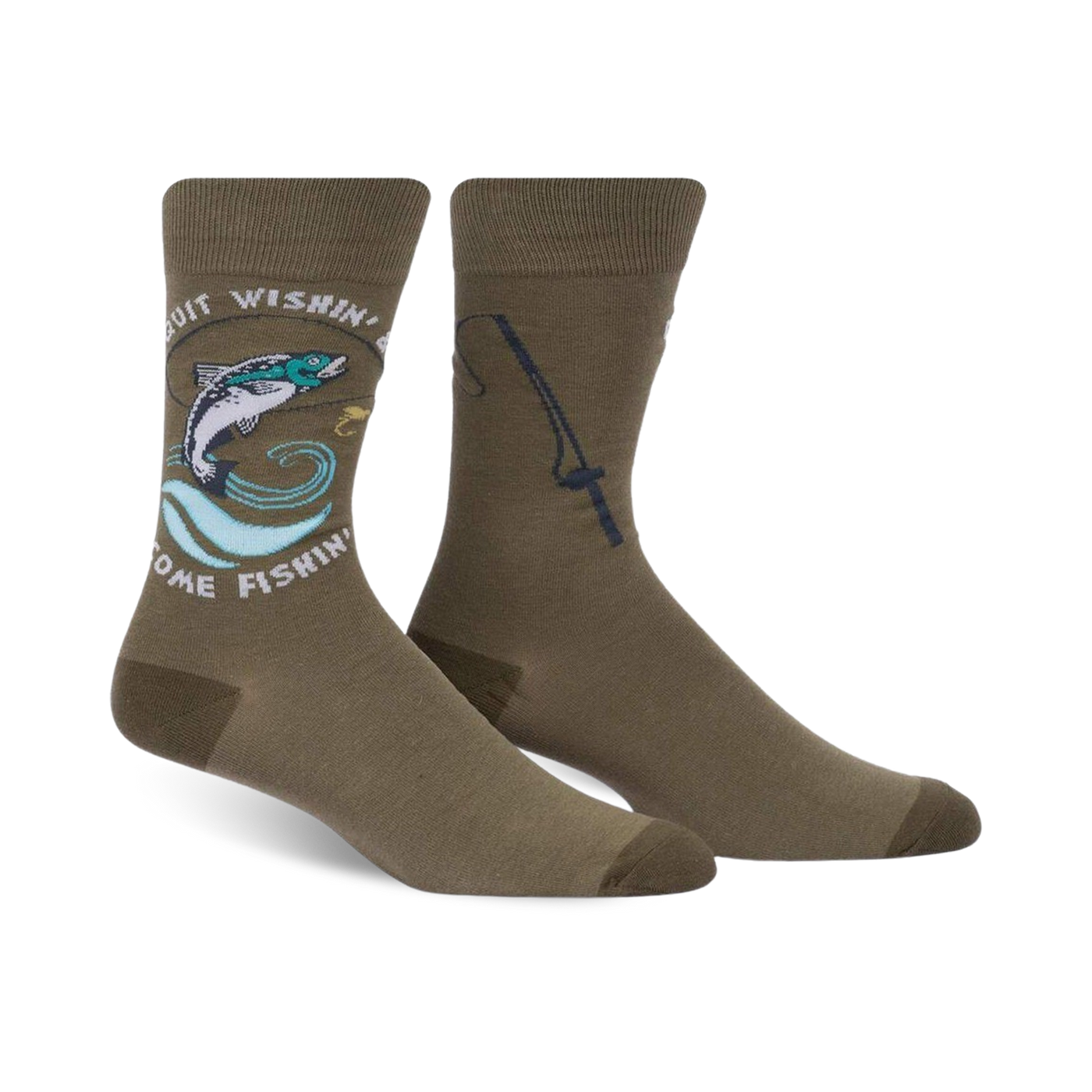 Olive green crew socks with a whimsical design of a jumping trout, fishing rod, and the phrase 'Quit Wishin' & Come Fishin'.