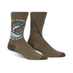 Olive green crew socks with a whimsical design of a jumping trout, fishing rod, and the phrase 'Quit Wishin' & Come Fishin'.