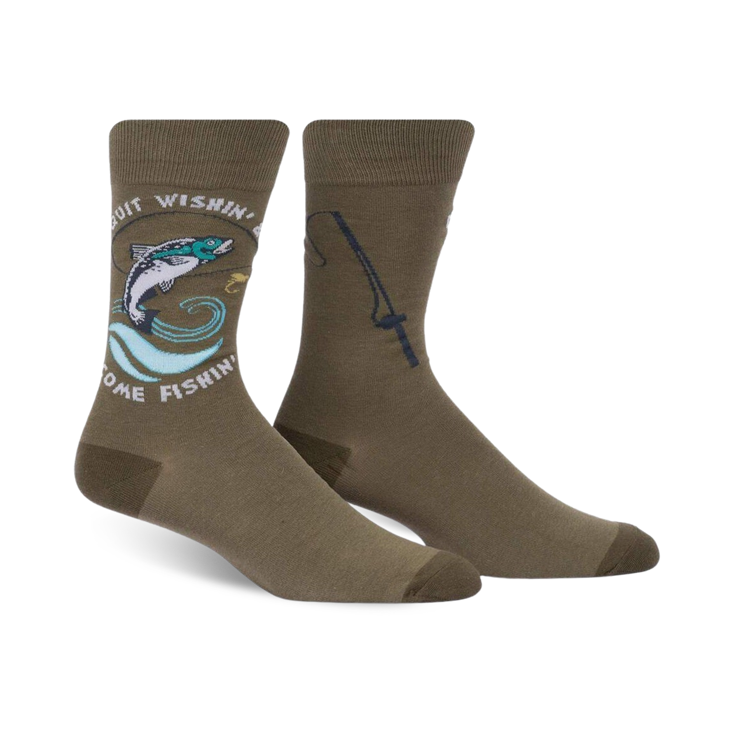 Olive green crew socks with a whimsical design of a jumping trout, fishing rod, and the phrase 'Quit Wishin' & Come Fishin'.