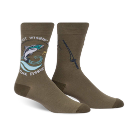 olive green men's crew socks with fishing-related objects: fish, waves, fishing pole, bobber, and the words "quit wishin & come fishin."   