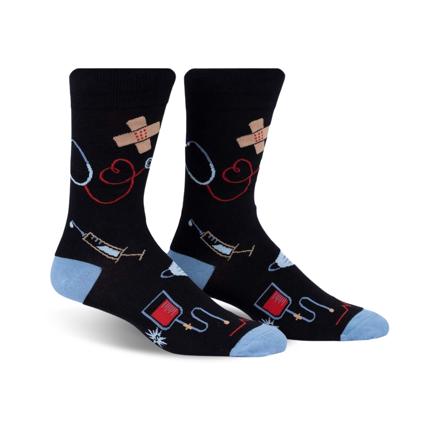 Pair of black crew socks with light blue cuffs. Features a whimsical design of medical icons like stethoscopes, bandages, and syringes.
