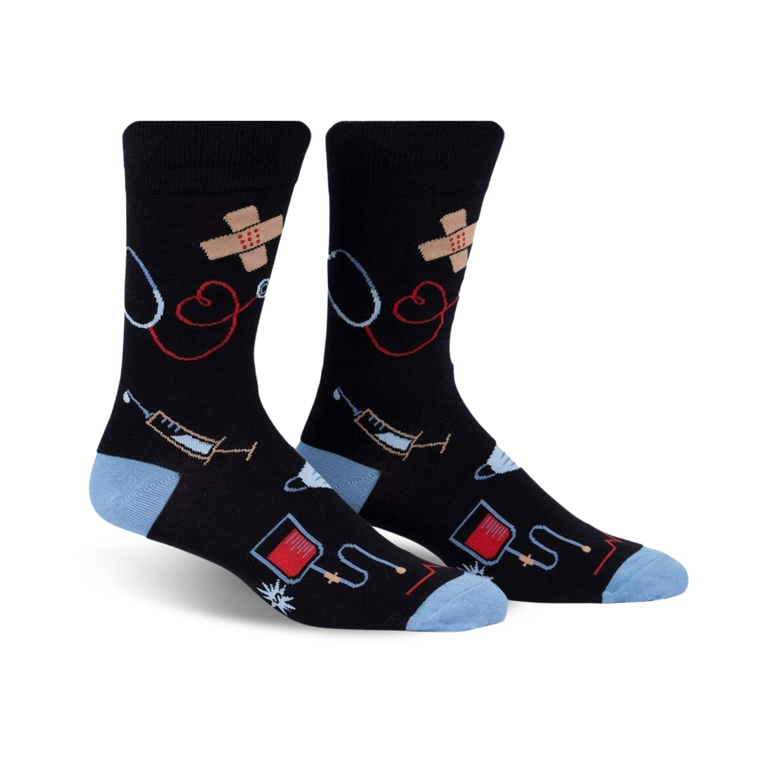 Pair of black crew socks with light blue cuffs. Features a whimsical design of medical icons like stethoscopes, bandages, and syringes.