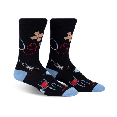 mens black crew socks with stethoscope, syringe, and blood bag pattern.   