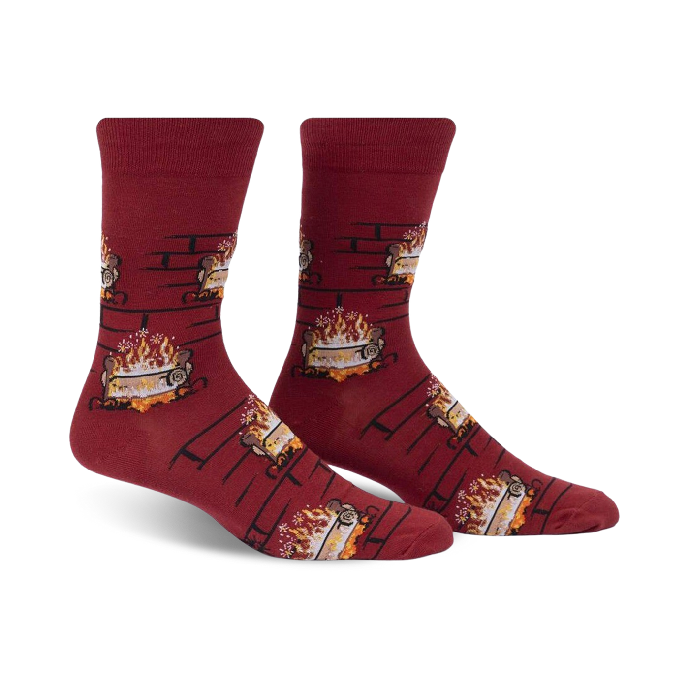 Pair of burgundy crew socks with a repeating pattern of burning yule logs in a fireplace. 