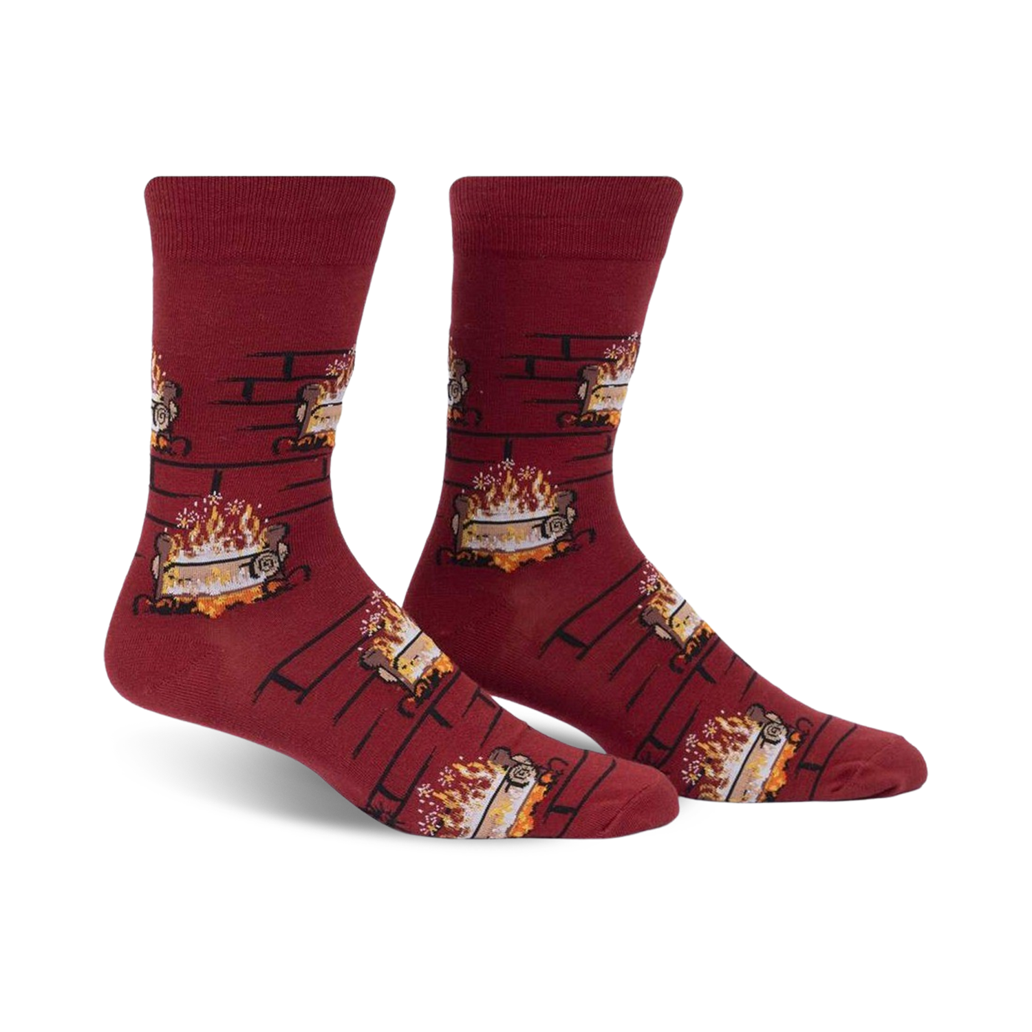 Pair of burgundy crew socks with a repeating pattern of burning yule logs in a fireplace. 