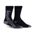 Pair of black crew socks with a white musical notation design on the side. Grey-toned cuffs.