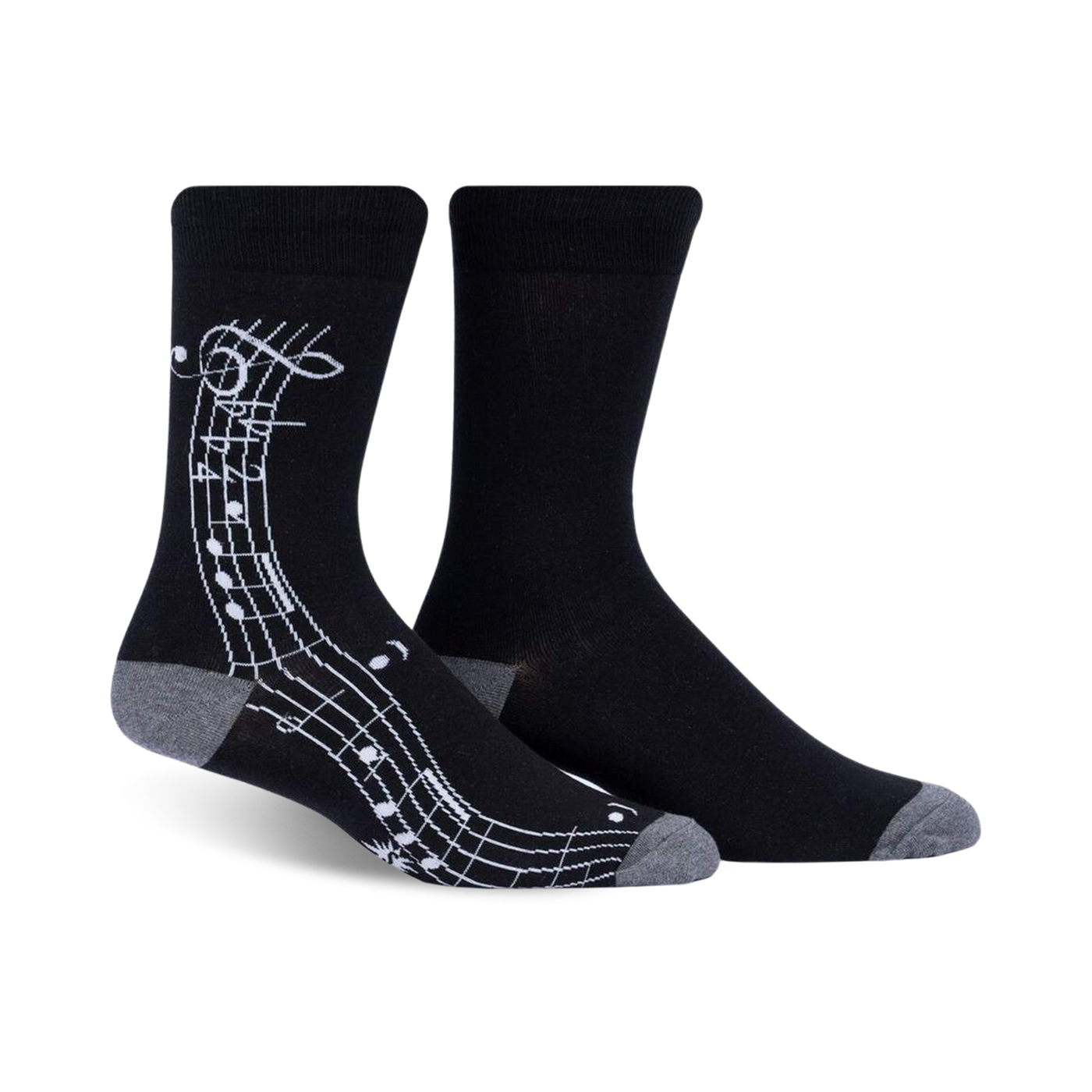 Pair of black crew socks with a white musical notation design on the side. Grey-toned cuffs.