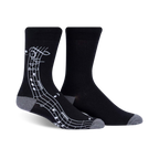 Pair of black crew socks with a white musical notation design on the side. Grey-toned cuffs.