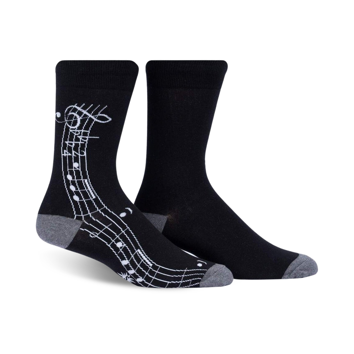 Pair of black crew socks with a white musical notation design on the side. Grey-toned cuffs.