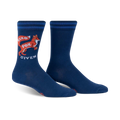A pair of navy blue crew socks featuring a playful illustration of a fox and the text 'Zero Fox Given'. The socks also have subtle blue stripes near the cuff.