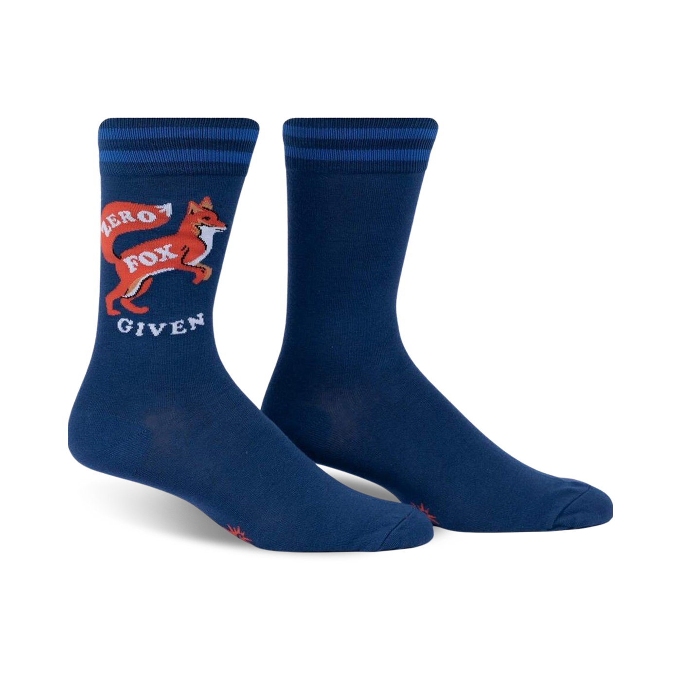 A pair of navy blue crew socks featuring a playful illustration of a fox and the text 'Zero Fox Given'. The socks also have subtle blue stripes near the cuff.