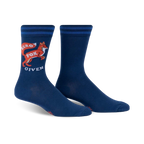 A pair of navy blue crew socks featuring a playful illustration of a fox and the text 'Zero Fox Given'. The socks also have subtle blue stripes near the cuff.