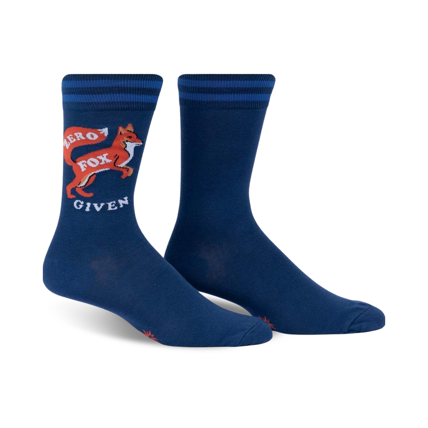 A pair of navy blue crew socks featuring a playful illustration of a fox and the text 'Zero Fox Given'. The socks also have subtle blue stripes near the cuff.