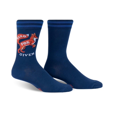 blue crew socks with an orange and white fox running and the text zero fox given