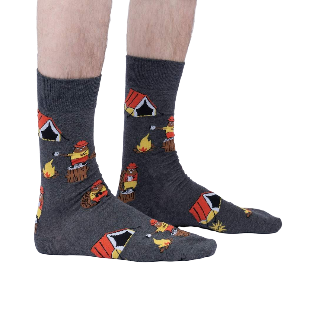 Lifestyle shot showing the socks on a person's legs, showcasing the fit and design in a natural setting.