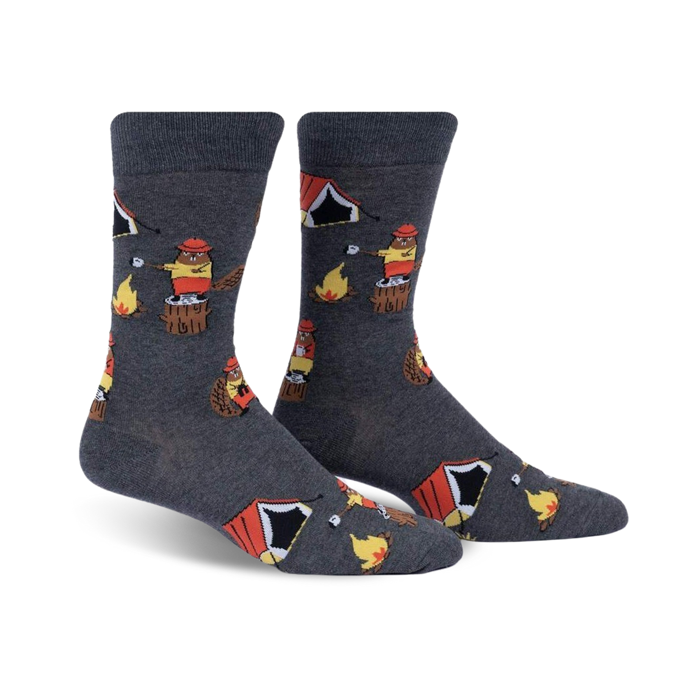 Pair of crew socks in dark gray featuring beavers roasting marshmallows around a campfire with small orange tents. Fun and whimsical design.