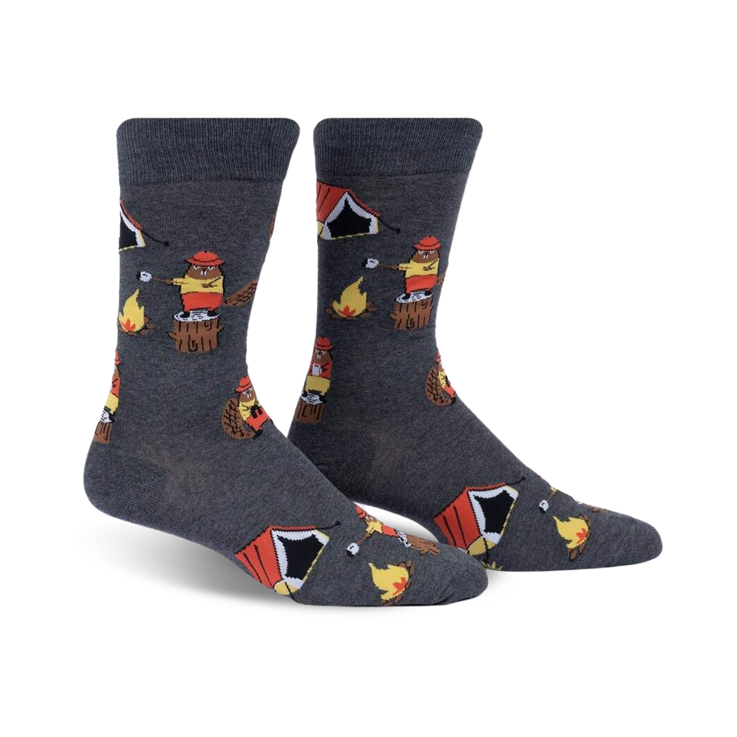 Pair of crew socks in dark gray featuring beavers roasting marshmallows around a campfire with small orange tents. Fun and whimsical design.