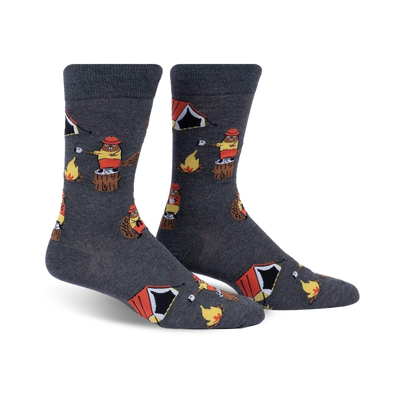 cartoon beavers camp on gray men's crew socks in plaid.   