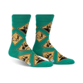 Pair of men's crew socks. Green background with repeating yellow diamond-shaped signs depicting golf carts and the 19th hole.