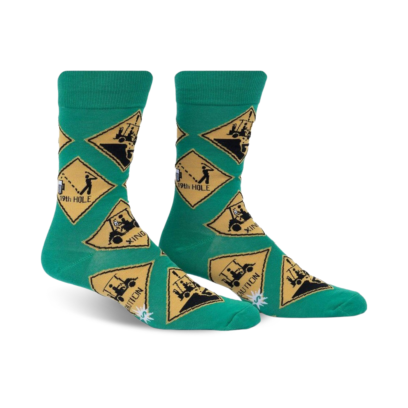 Pair of men's crew socks. Green background with repeating yellow diamond-shaped signs depicting golf carts and the 19th hole.
