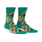 Pair of men's crew socks. Green background with repeating yellow diamond-shaped signs depicting golf carts and the 19th hole.