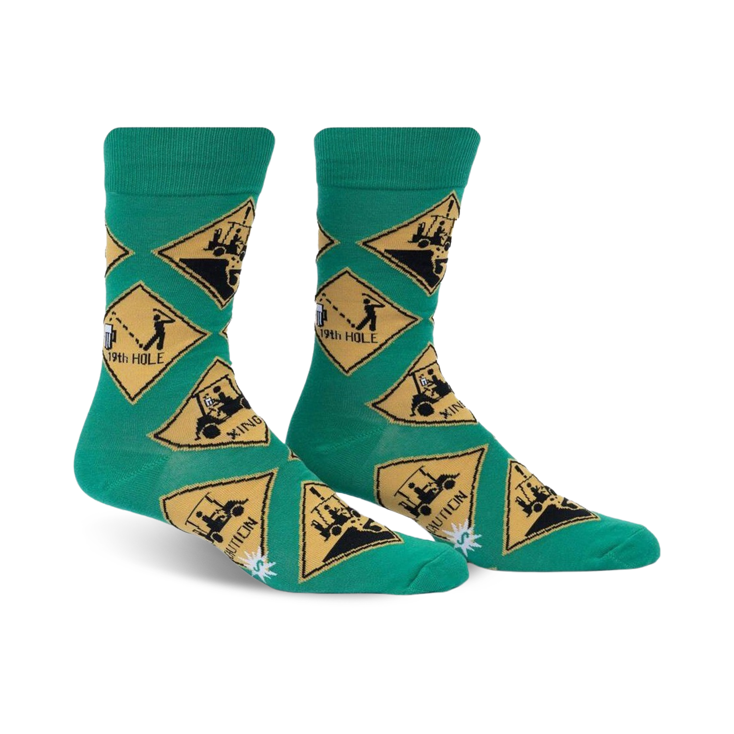 Pair of men's crew socks. Green background with repeating yellow diamond-shaped signs depicting golf carts and the 19th hole.