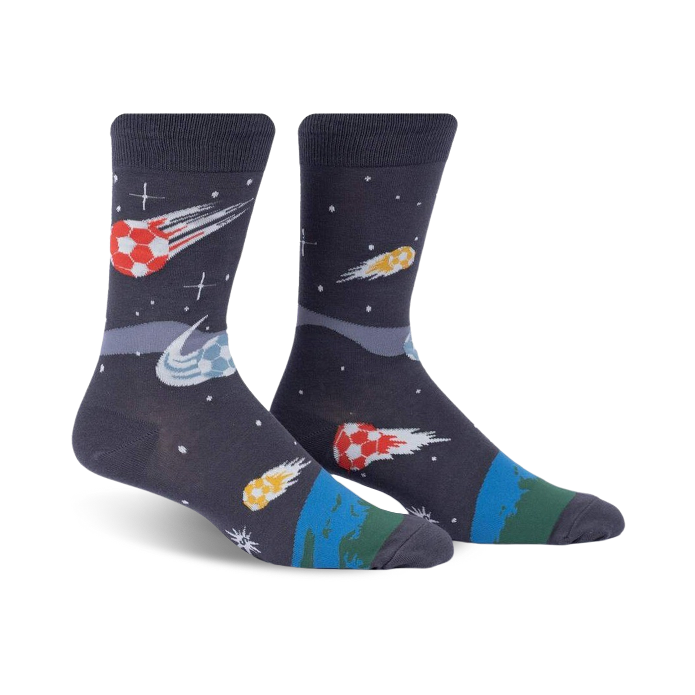 Pair of dark grey crew socks with a fun design of soccer balls streaking across space like comets. Features orange, yellow, and blue accents.