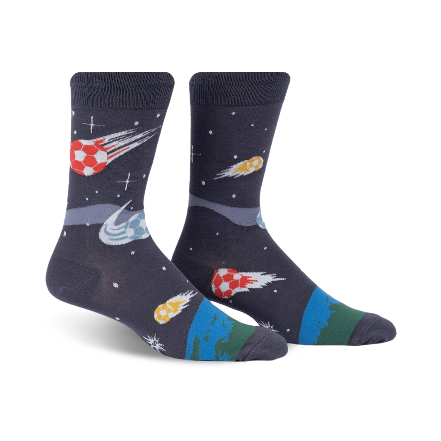 Pair of dark grey crew socks with a fun design of soccer balls streaking across space like comets. Features orange, yellow, and blue accents.