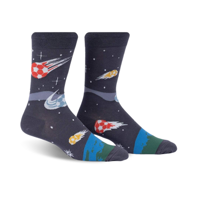 dark gray crew socks featuring blazing soccer balls flying through space towards a distant planet. (for men)  