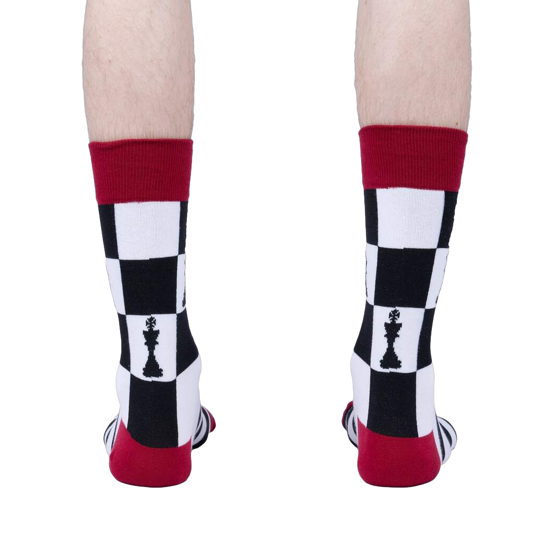 Rear view of model wearing 'Check Yeah' socks, showcasing the back design and color details.