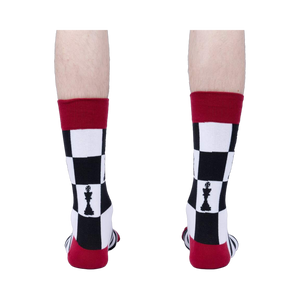 Rear view of model wearing 'Check Yeah' socks, showcasing the back design and color details.