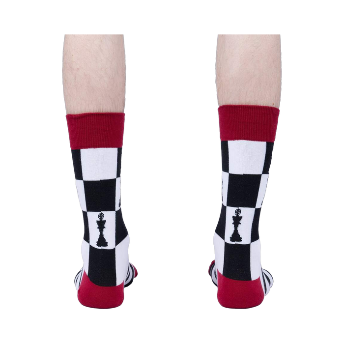 Rear view of model wearing 'Check Yeah' socks, showcasing the back design and color details.