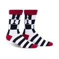 Crew socks in black, white, and red. Feature a chessboard pattern with black queens and bold stripes at the cuff.
