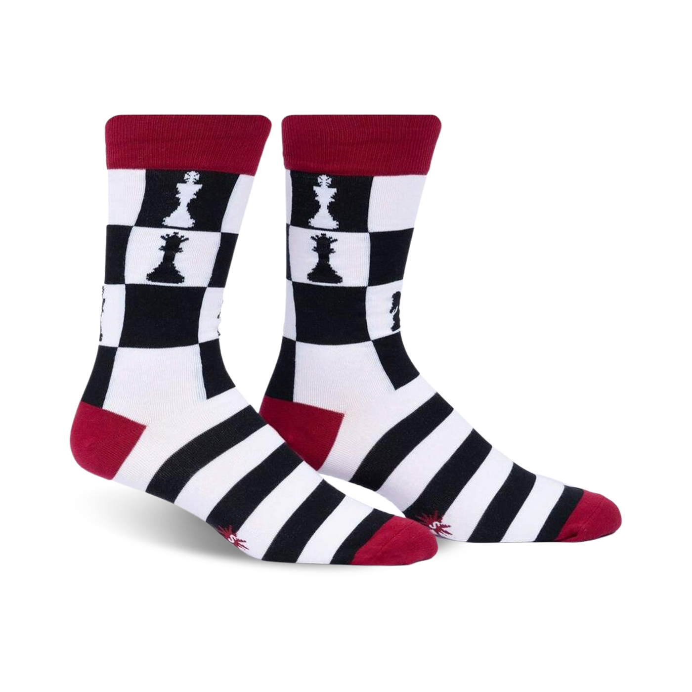 Crew socks in black, white, and red. Feature a chessboard pattern with black queens and bold stripes at the cuff.