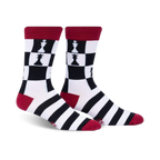 Crew socks in black, white, and red. Feature a chessboard pattern with black queens and bold stripes at the cuff.
