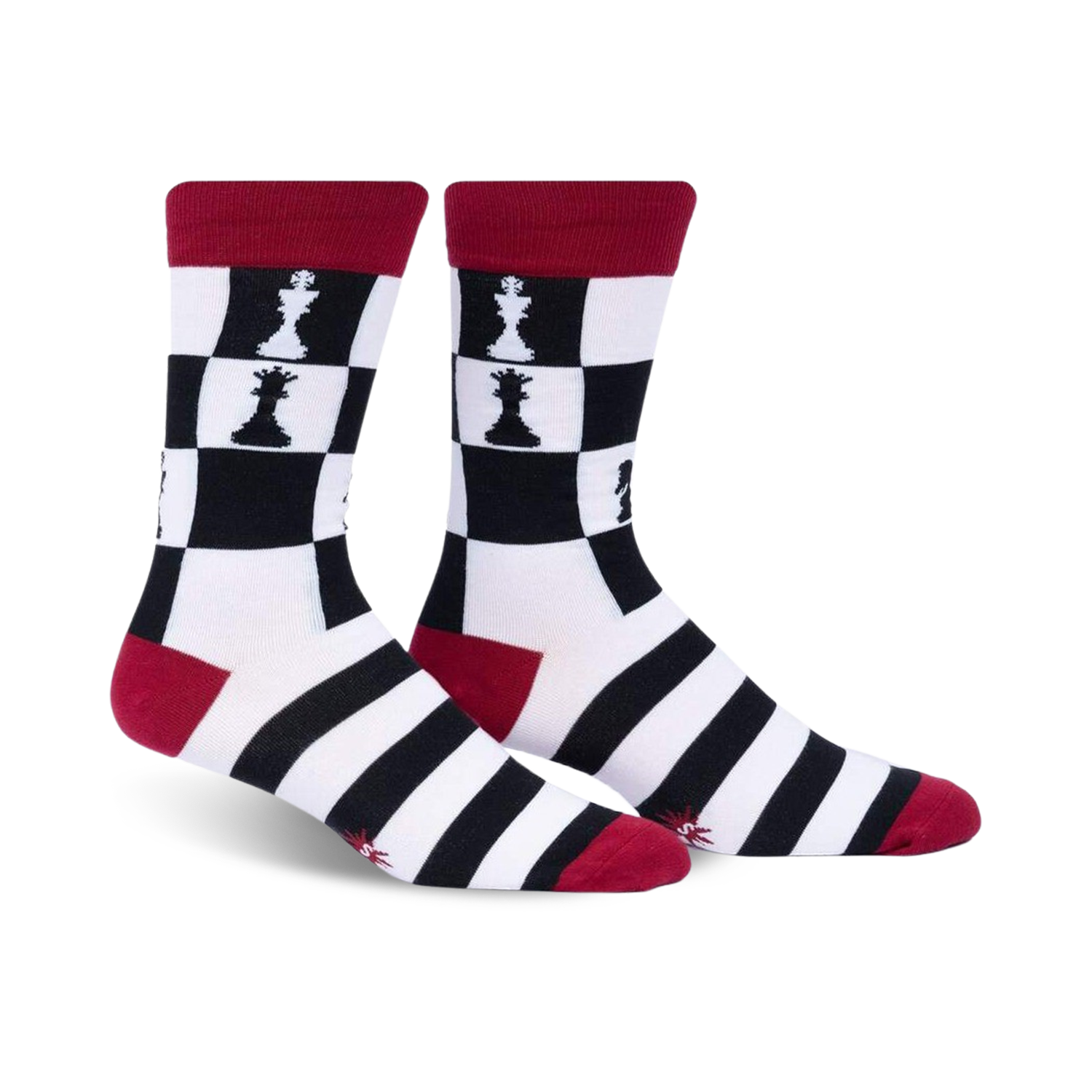 Crew socks in black, white, and red. Feature a chessboard pattern with black queens and bold stripes at the cuff.