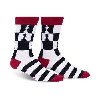 black, white, and red chess king novelty socks in a crew length for men.  
