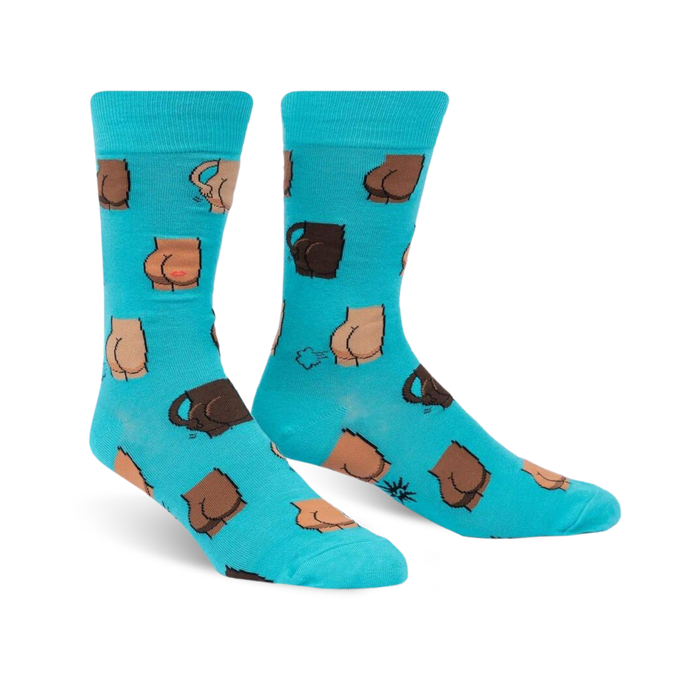 A pair of teal crew socks with a fun pattern of illustrated buttocks in various shades of brown. 