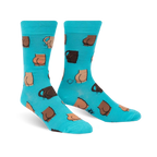 A pair of teal crew socks with a fun pattern of illustrated buttocks in various shades of brown. 