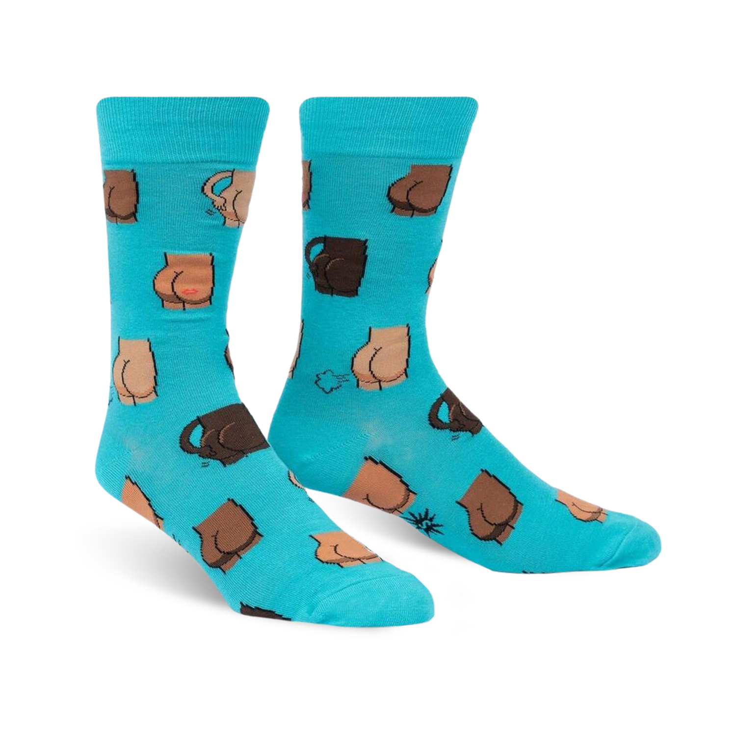 A pair of teal crew socks with a fun pattern of illustrated buttocks in various shades of brown. 