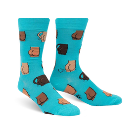 blue crew socks with a pattern of brown cartoon butts.  