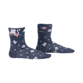 Pair of dark grey glitter ankle socks. Features a cute white kitty amongst pink and blue flowers and white polka dots.