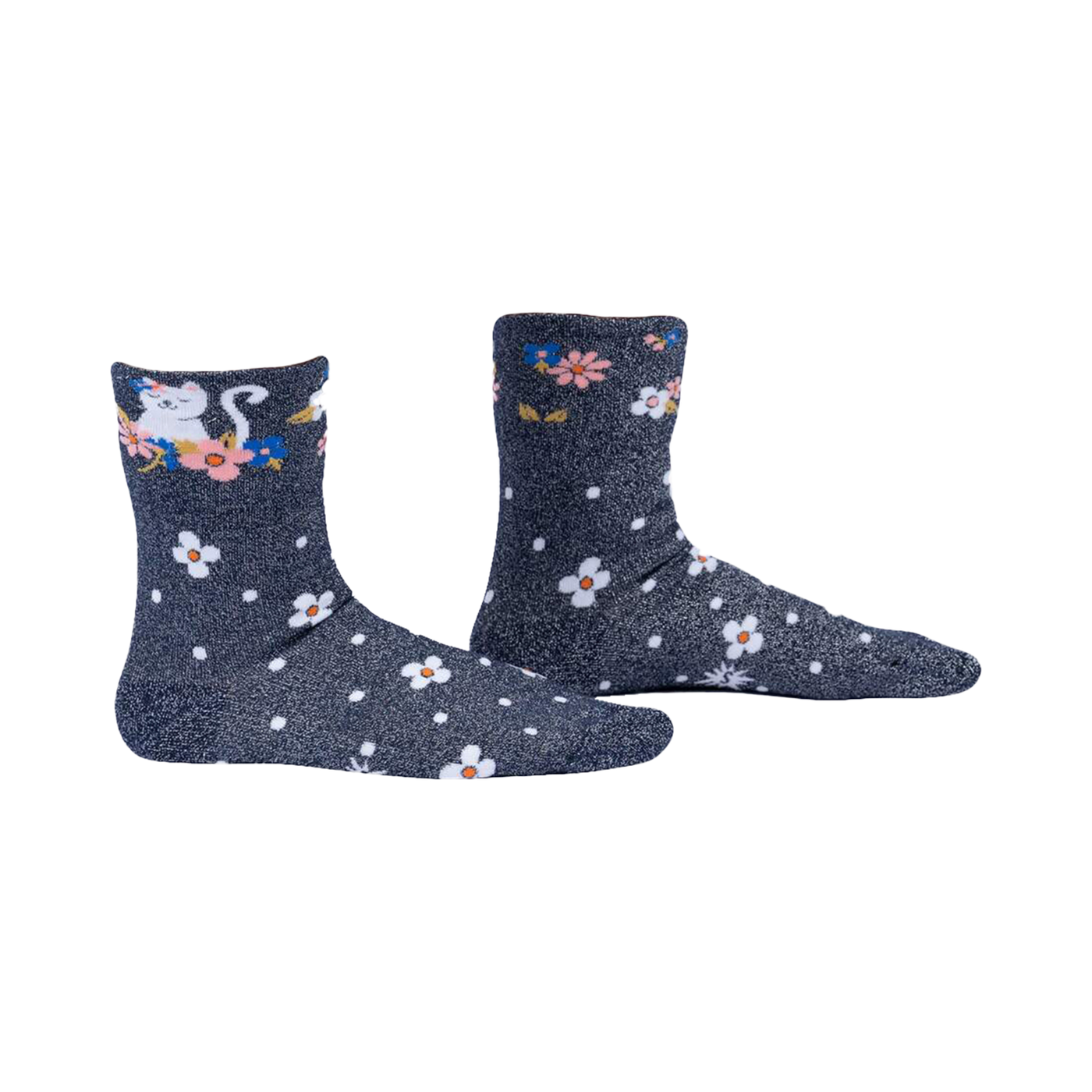 Pair of dark grey glitter ankle socks. Features a cute white kitty amongst pink and blue flowers and white polka dots.