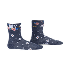 Pair of dark grey glitter ankle socks. Features a cute white kitty amongst pink and blue flowers and white polka dots.