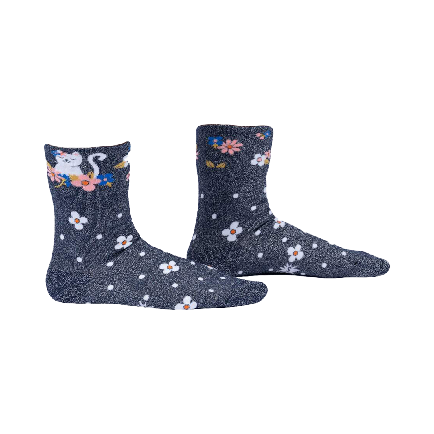 Pair of dark grey glitter ankle socks. Features a cute white kitty amongst pink and blue flowers and white polka dots.
