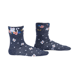 women's ankle socks with dark blue background and white cats & multicolored flowers pattern.  