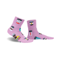 Pair of pink glitter crew socks featuring illustrated coffee cups and the phrase 'Sorry, Running Latte'.